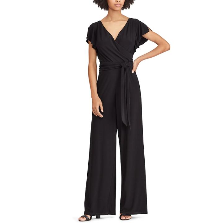 Women's Chaps Faux-wrap Wide Leg Jumpsuit, Size: 4, Black