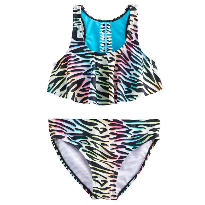 Girls 7-16 So&reg; Rainbow Zebra Print Bikini Top & Bottoms Swimsuit Set, Size: 12, Black