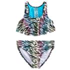 Girls 7-16 So&reg; Rainbow Zebra Print Bikini Top & Bottoms Swimsuit Set, Size: 12, Black