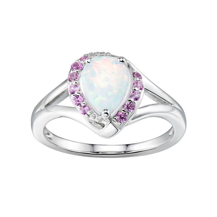 Sterling Silver Lab-created White Opal & Pink Sapphire Teardrop Halo Ring, Women's, Size: 7