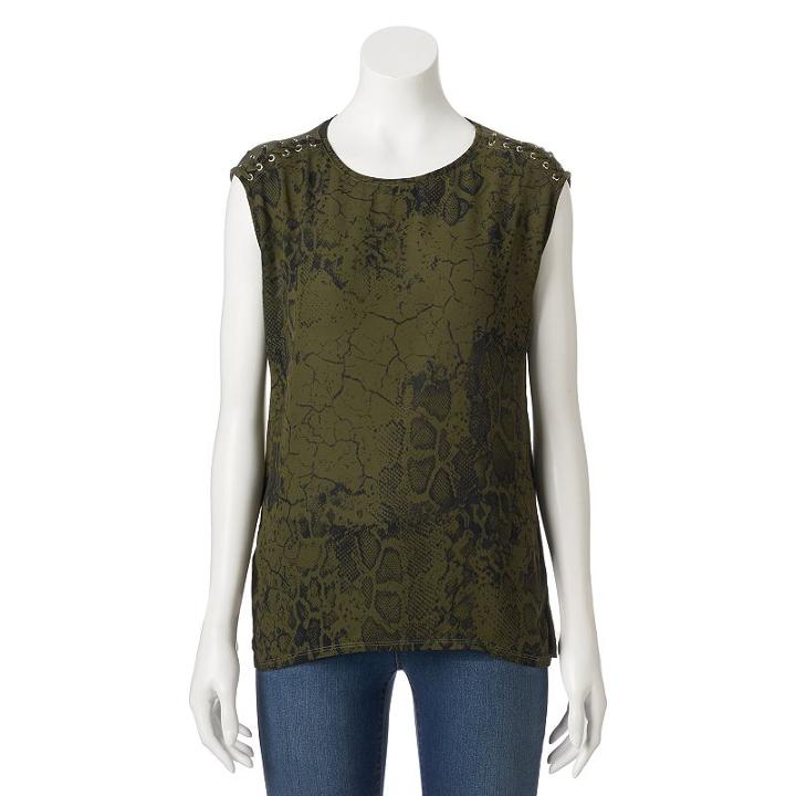 Petite Jennifer Lopez Snakeskin Mixed-media Lace-up Top, Women's, Size: Xl Petite, Dark Green