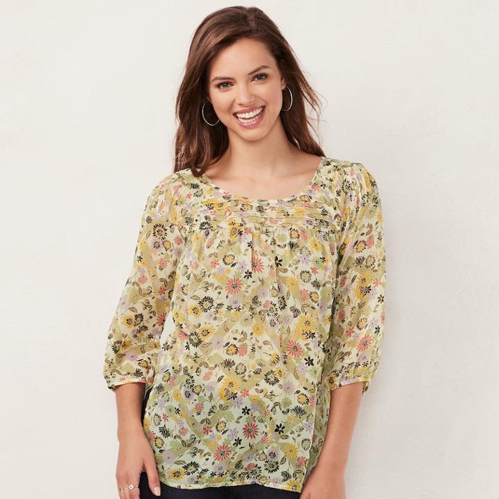 Women's Lc Lauren Conrad Printed Chiffon Peasant Top, Size: Small, Lt Yellow