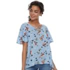 Juniors' So&reg; Lace-up Floral Flutter Sleeve Top, Teens, Size: Xxs, Light Blue
