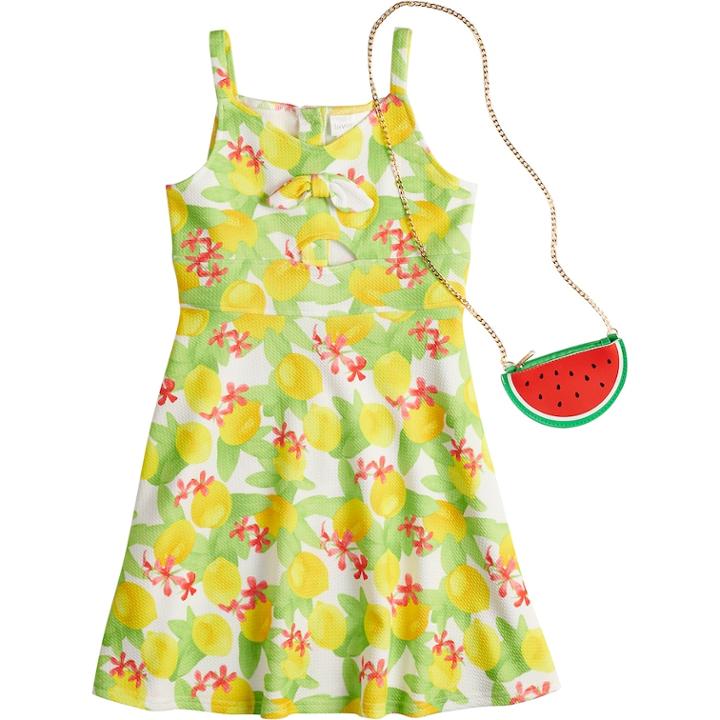 Girls 7-16 Lavender Pique Knit Print Dress With Purse, Size: 10, Yellow