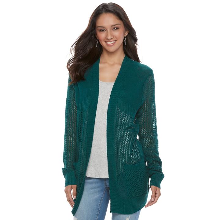 Juniors' So&reg; Open-stitch Cardigan Sweater, Teens, Size: Medium, Med Green