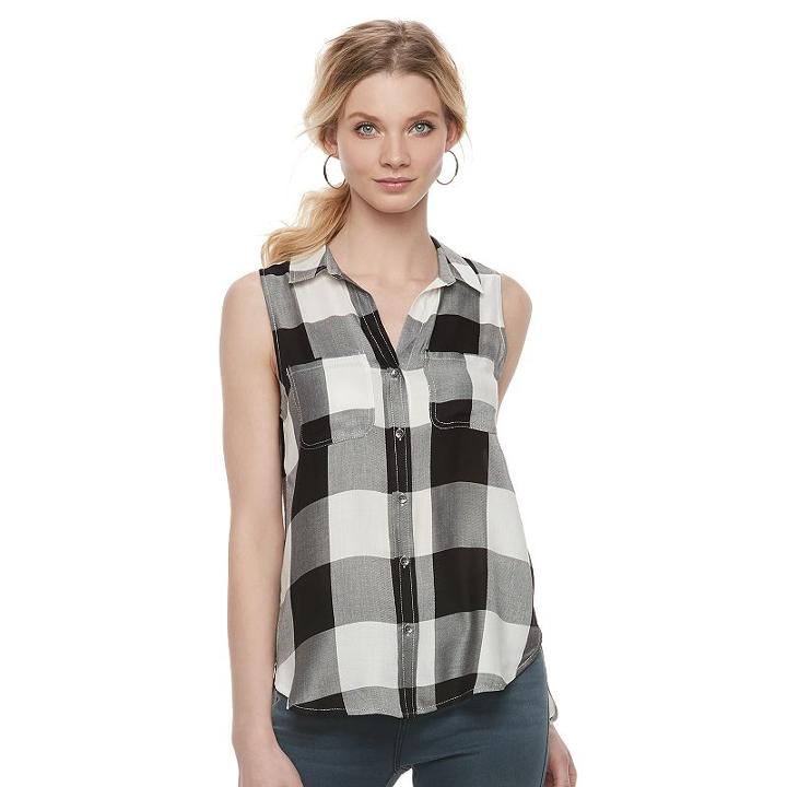 Women's Rock & Republic&reg; High-low Sleeveless Plaid Shirt, Size: Large, Black