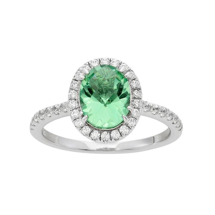 Green Obsidian And Cubic Zirconia Platinum Over Silver Tiered Oval Halo Ring, Women's, Size: 8