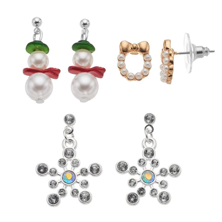 Snowman, Wreath & Snowflake Nickel Free Drop Earring Set, Women's, Multicolor