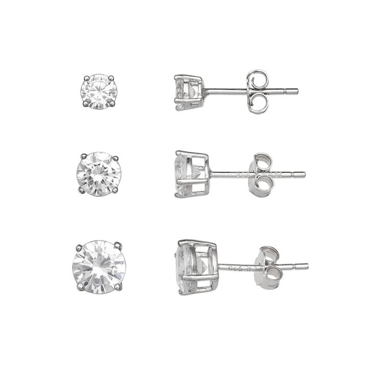 Primrose Sterling Silver 3-pair Cubic Zirconia Stud Earring Set, Women's, White