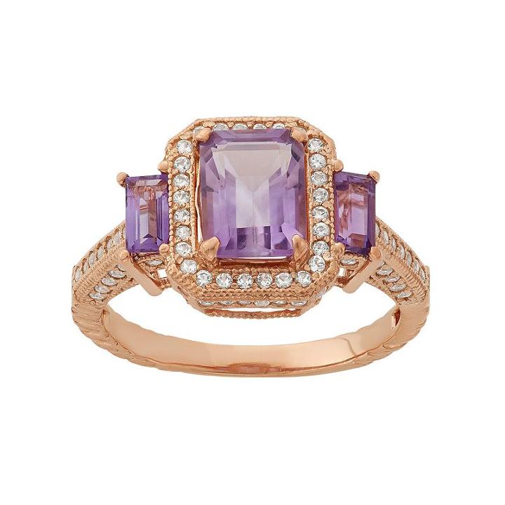 Amethyst And Lab-created White Sapphire 14k Rose Gold Over Silver 3-stone Tiered Halo Ring, Women's, Size: 8, Purple