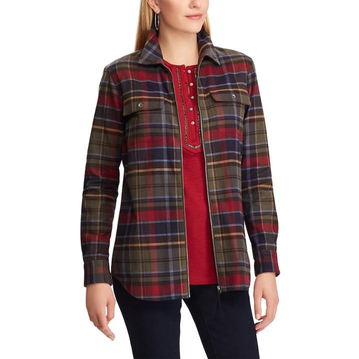 Women's Chaps Plaid Zip-front Shirt, Size: Small, Green