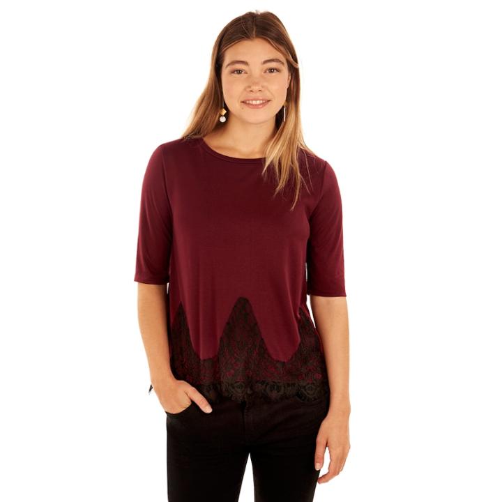 Juniors' Wallflower Lace Trim Elbow Sleeve Tee, Teens, Size: Large, Drk Orange