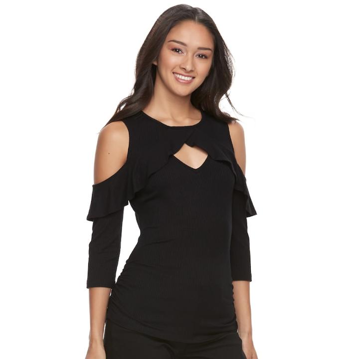 Juniors' Candie's&reg; Cold-shoulder Ruffle Top, Teens, Size: Large, Black