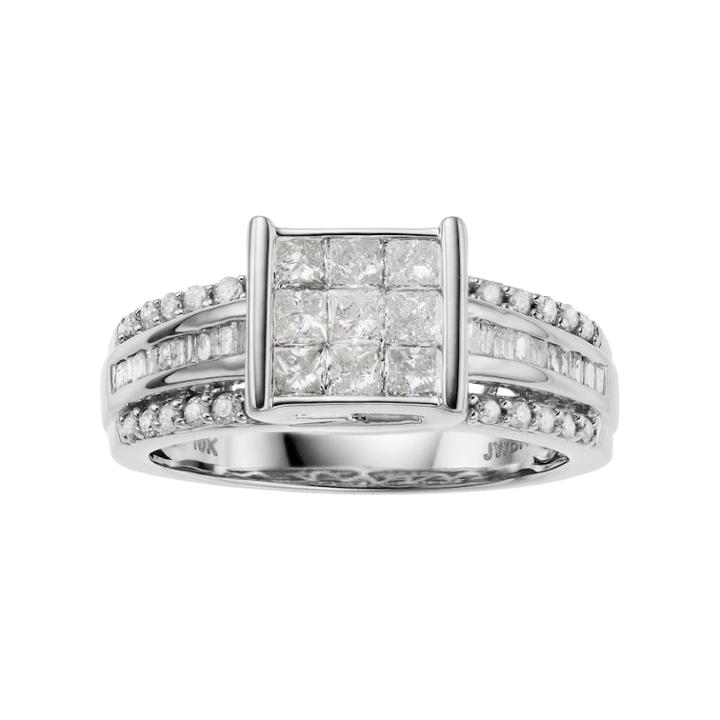 10k White Gold 1 Carat T.w. Invisible Set Diamond Engagement Ring, Women's, Size: 7