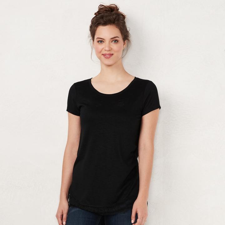 Women's Lc Lauren Conrad Lace-trim Tee, Size: Large, Black