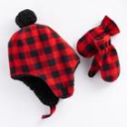 Toddler Boy Plaid Trapper Hat & Mittens Set, Red