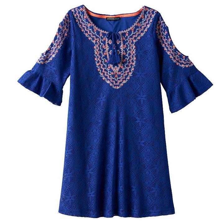 Girls 7-16 My Michelle Crochet Bell Sleeve Cold Shoulder Tie Sheath Dress, Girl's, Size: 12, Blue