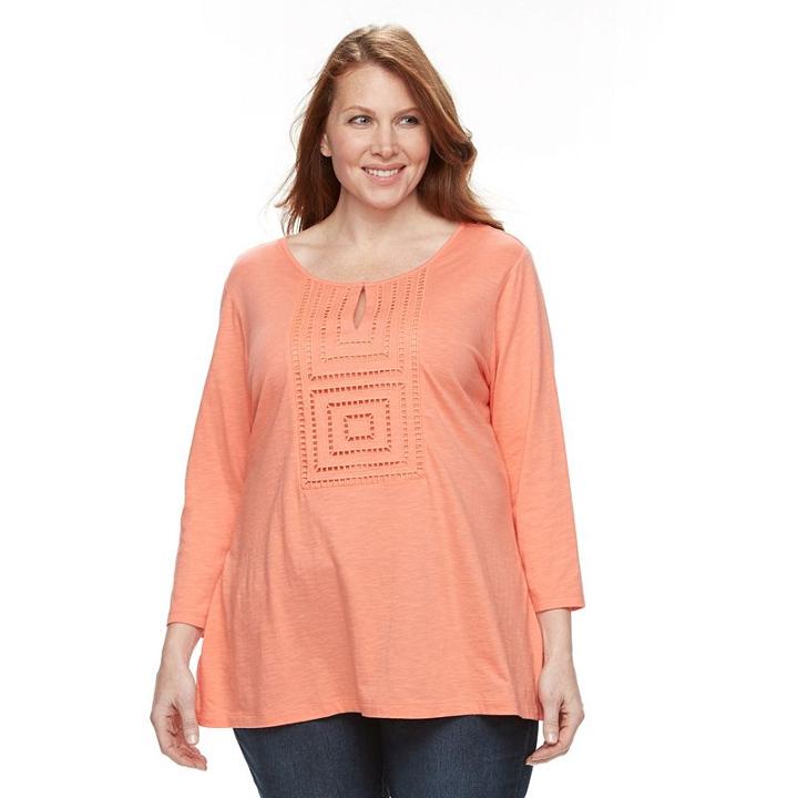 Plus Size Croft & Barrow&reg; Open-work Slubbed Tee, Women's, Size: 3xl, Med Orange