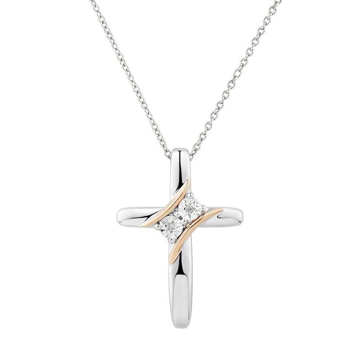 Two Tone Sterling Silver Diamond Accent 2-stone Cross Pendant, Women's, Size: 18, White
