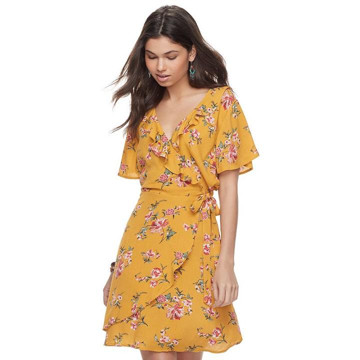 Juniors' Love, Fire Gauze Floral Faux-wrap Dress, Teens, Size: Small, Yellow Oth