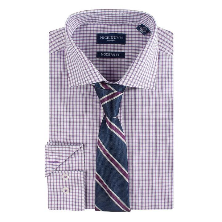 Nick Dunn, Men's Modern-fit Patterned Easy-care Spread-collar Dress Shirt & Tie Set, Size: S 34/35, Purple