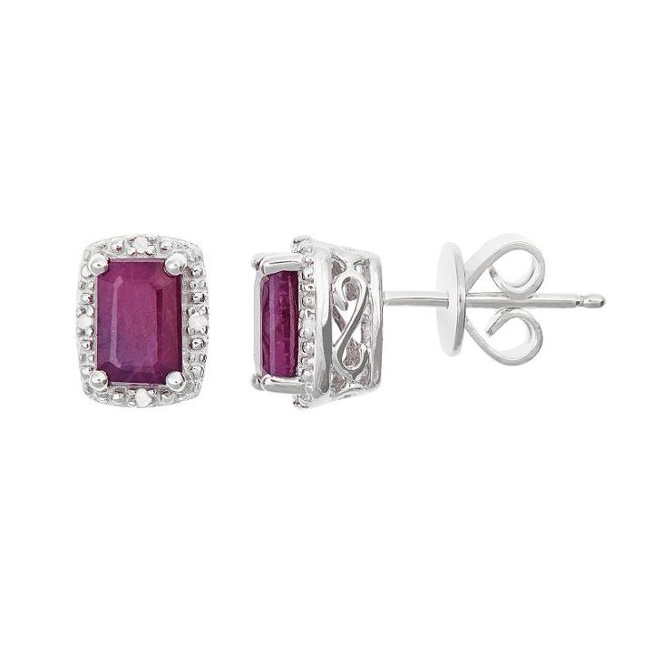 Sterling Silver Ruby & Diamond Accent Rectangle Halo Stud Earrings, Women's