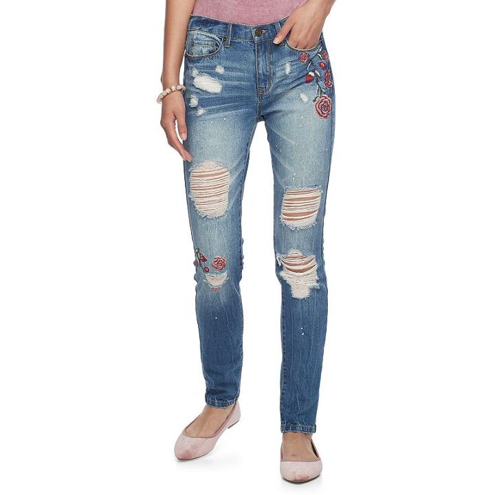 Juniors' Mudd&reg; Floral Ripped Ankle Jeans, Teens, Size: 15, Dark Blue