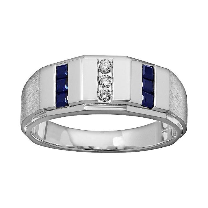 Lab-created Sapphire And 1/10 Carat T.w. Diamond Sterling Silver Wedding Ring - Men, Size: 8, Blue
