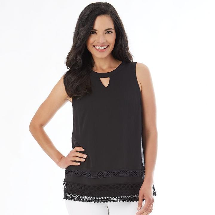 Women's Ab Studio Crochet-hem Keyhole Tank, Size: Small, Black