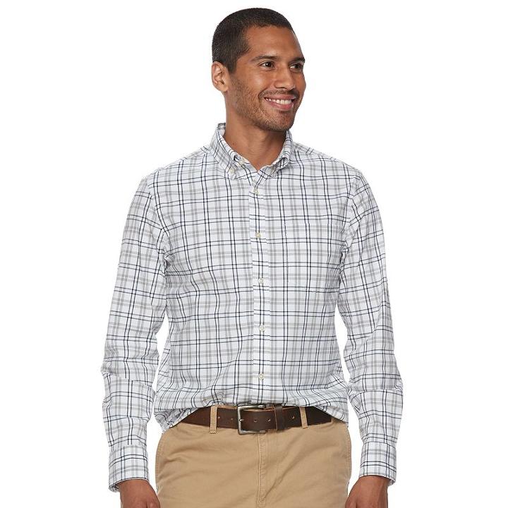 Men's Sonoma Goods For Life&trade; Flexwear Slim-fit Plaid Poplin Button-down Shirt, Size: Small, Natural