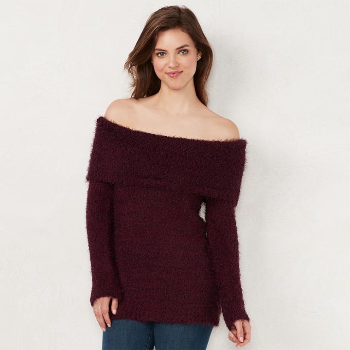 Women's Lc Lauren Conrad Off-the-shoulder Chenille Sweater, Size: Medium, Dark Red
