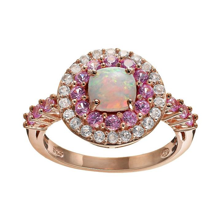 Lab-created Opal, Lab-created Pink Sapphire And Sky Blue Topaz 18k Rose Gold Over Silver Tiered Ring, Women's, Size: 8, Multicolor