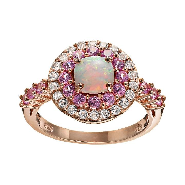 Lab-created Opal, Lab-created Pink Sapphire And Sky Blue Topaz 18k Rose Gold Over Silver Tiered Ring, Women's, Size: 8, Multicolor