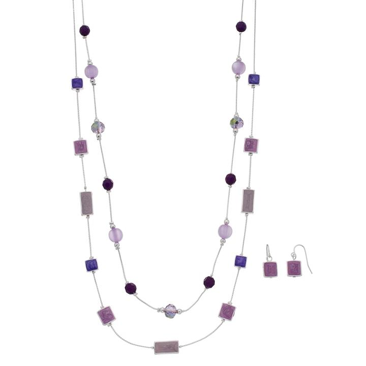 Purple Double Strand Necklace & Drop Earrings Set, Women's