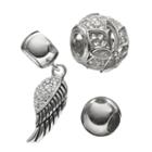 Individuality Beads Cubic Zirconia And Crystal Sterling Silver Bead And Wing Charm Set, Women's, Grey