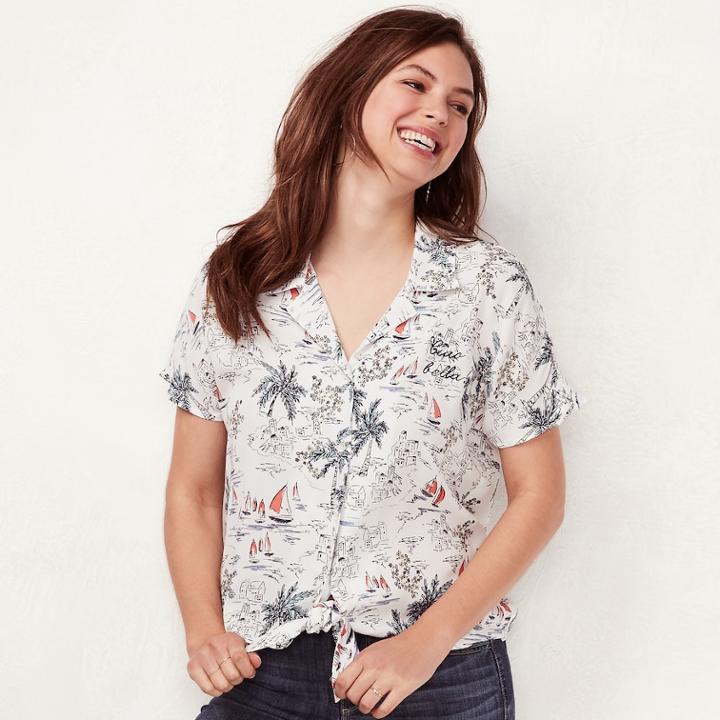 Women's Lc Lauren Conrad Graphic Print Knot-front Shirt, Size: Xxl, White