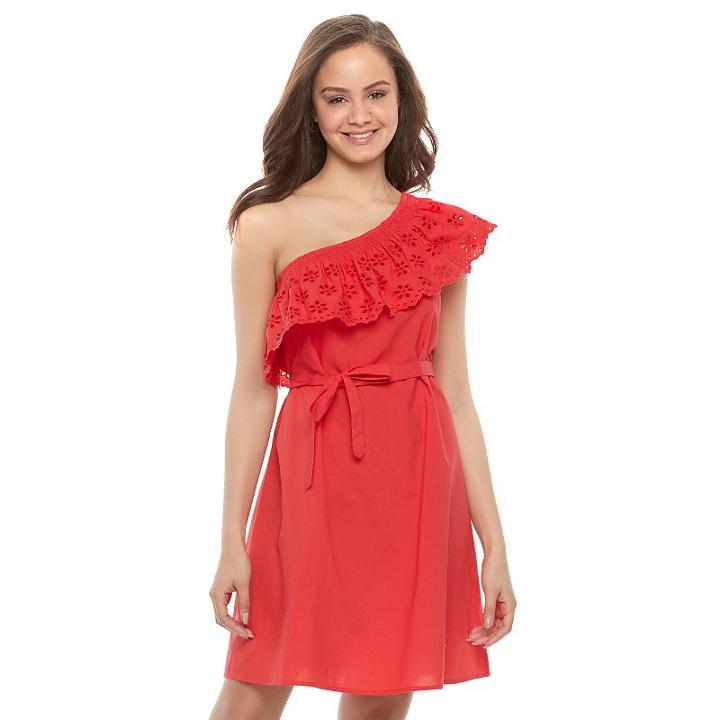 Juniors' So&reg; One Shoulder Eyelet Dress, Girl's, Size: Small, Med Red