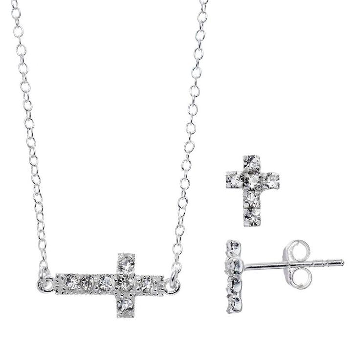 Itsy Bitsy Crystal Cross Necklace & Earring Set, Women's, White