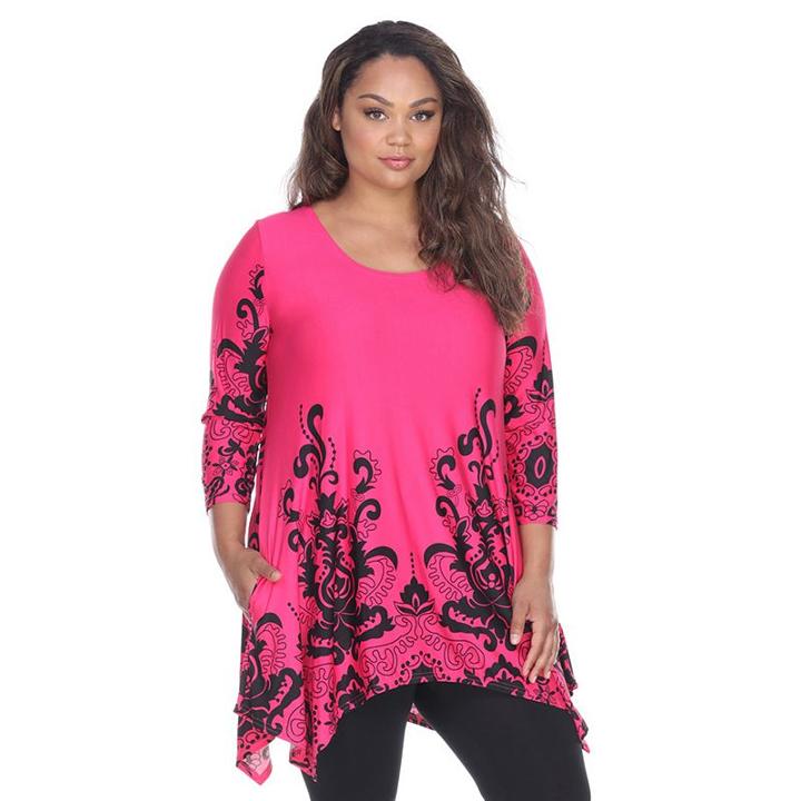 Plus Size White Mark Scroll Shark-bite Tunic, Women's, Size: 1xl, Pink