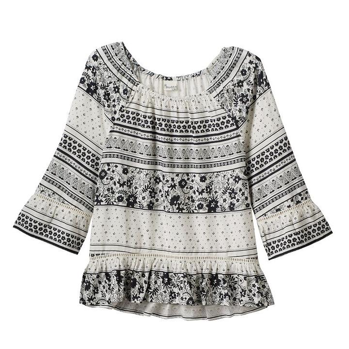 Girls 7-16 Mudd&reg; Patterned Textured Bell Sleeve Peasant Top, Girl's, Size: 12, White Oth