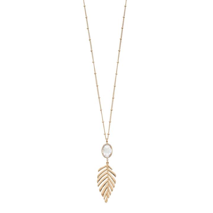 Simulated Crystal & Leaf Long Nickel Free Pendant Necklace, Women's, Gold