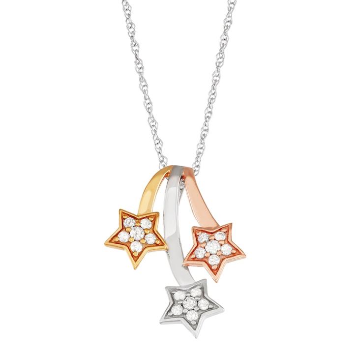 Tri-tone Sterling Silver 1/3 Carat T.w. Diamond Falling Star Pendant Necklace, Women's, White