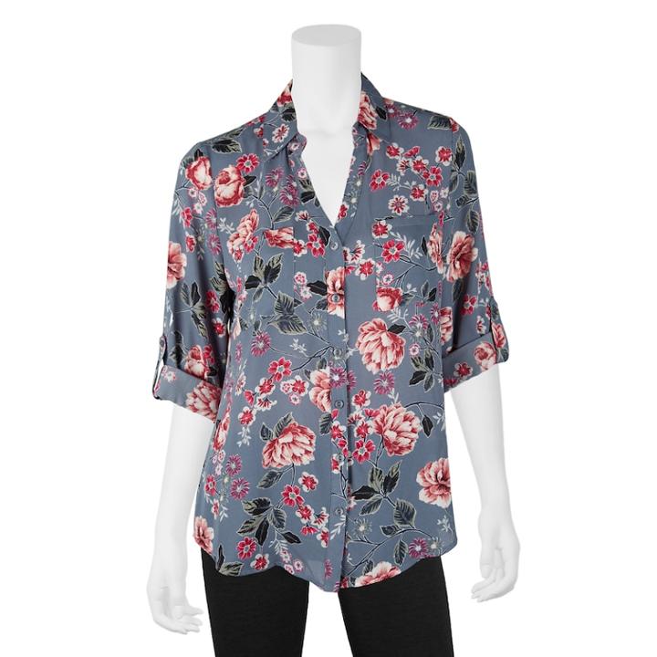 Juniors' Iz Byer Roll-tab Shirt, Teens, Size: Xs, Denim Floral