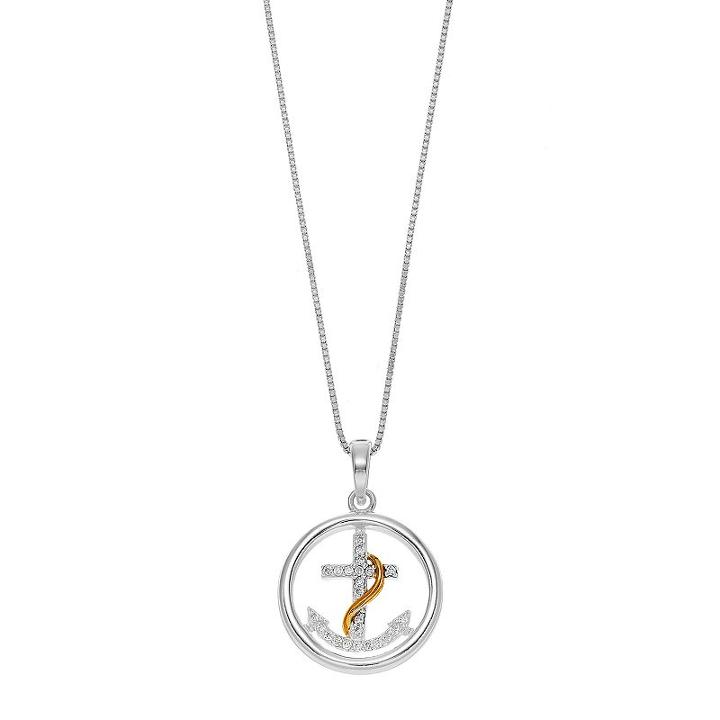 Timeless Sterling Silver Two Tone Cubic Zirconia Anchor Pendant Necklace, Women's, Size: 18
