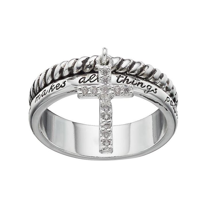 Love This Life Silver Plated Cubic Zirconia Faith Cross Charm Ring, Women's, Size: 9, Grey