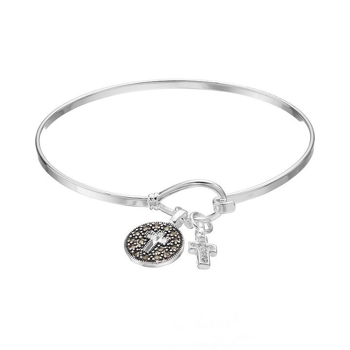 Silver Luxuries Marcasite & Crystal Cross Charm Bangle Bracelet, Women's, White