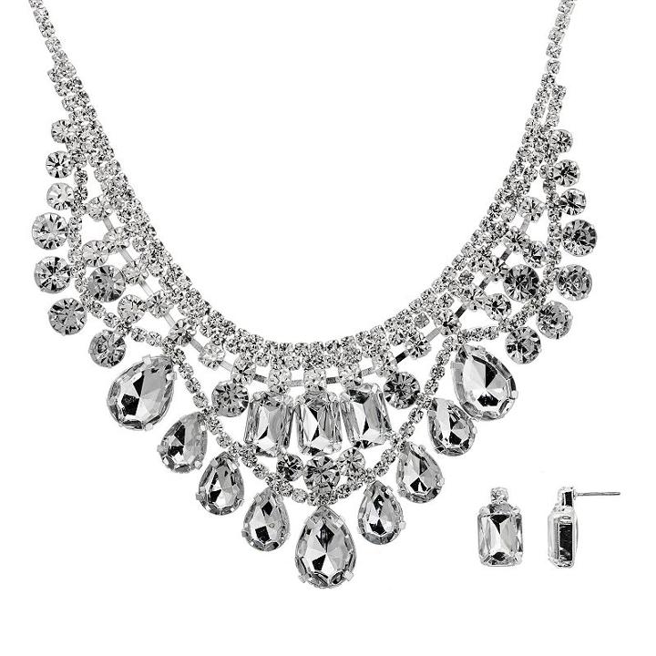 Crystal Allure Bib Necklace And Stud Earring Set, Women's, Size: 16, White