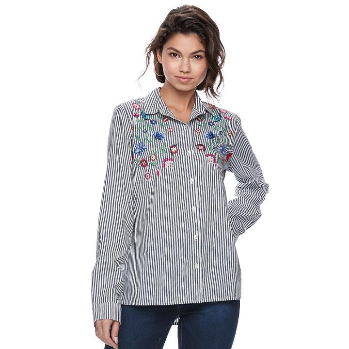 Juniors' So&reg; Floral Embroidered Striped Shirt, Teens, Size: Large, Light Blue