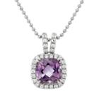 Amethyst And Cubic Zirconia Platinum Over Silver Square Halo Pendant Necklace, Women's, Purple