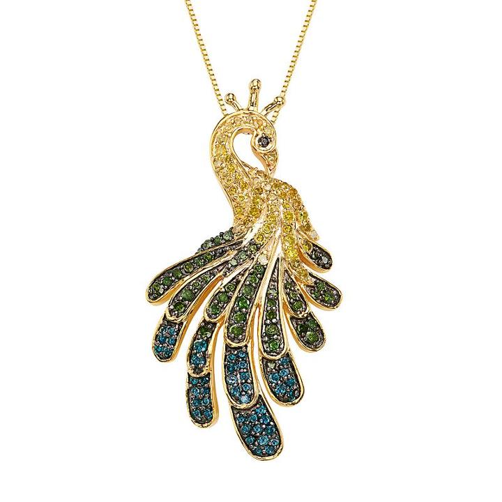 Sterling Silver 9/10 Carat T.w. Diamond Peacock Pendant Necklace, Women's, Size: 18, Multicolor